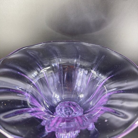 Large Hand Blown Pedestal Bright Purple Lilac Glass Bowl Footed Vase Vintage - Picture 10 of 16